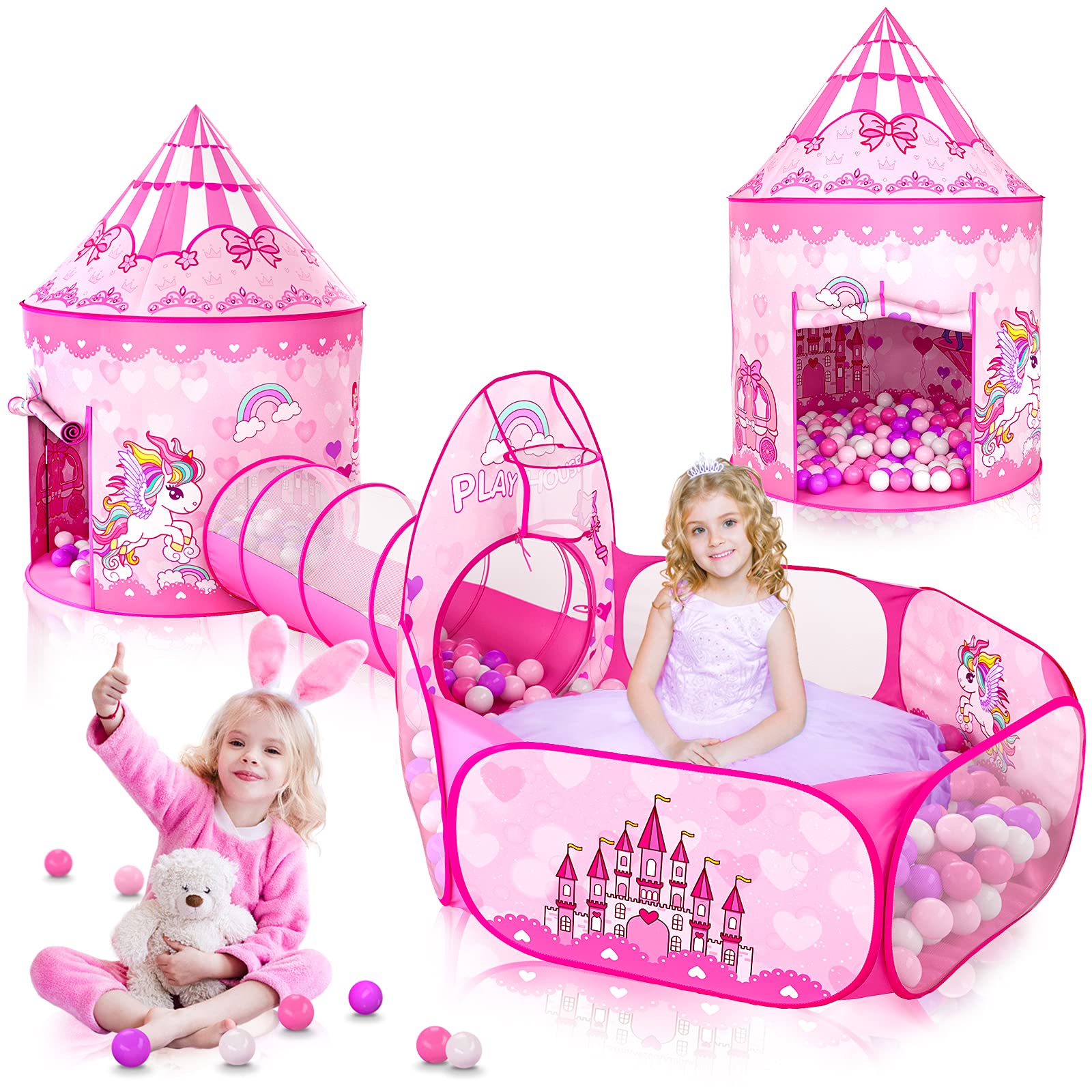 3-in-1 Girls Princess Play Tent with Tunnel & Ball Pit