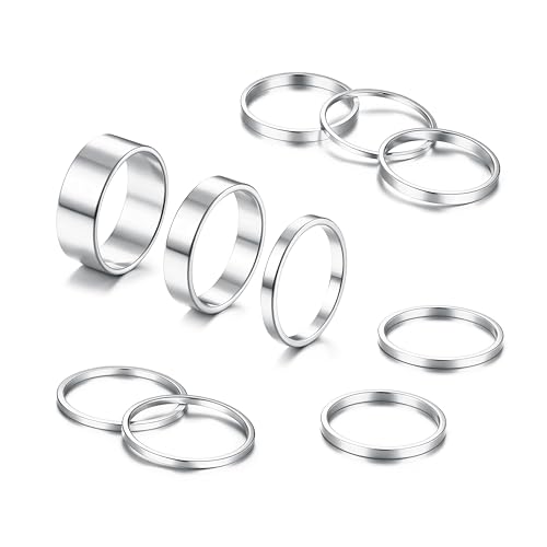 HAIAISO Silver Rings for Women – 10 Pcs Simple Stainless Steel Ring Set