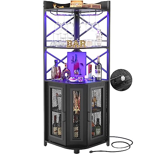 Aheaplus Corner Bar Cabinet with Power Outlet and LED Lighting